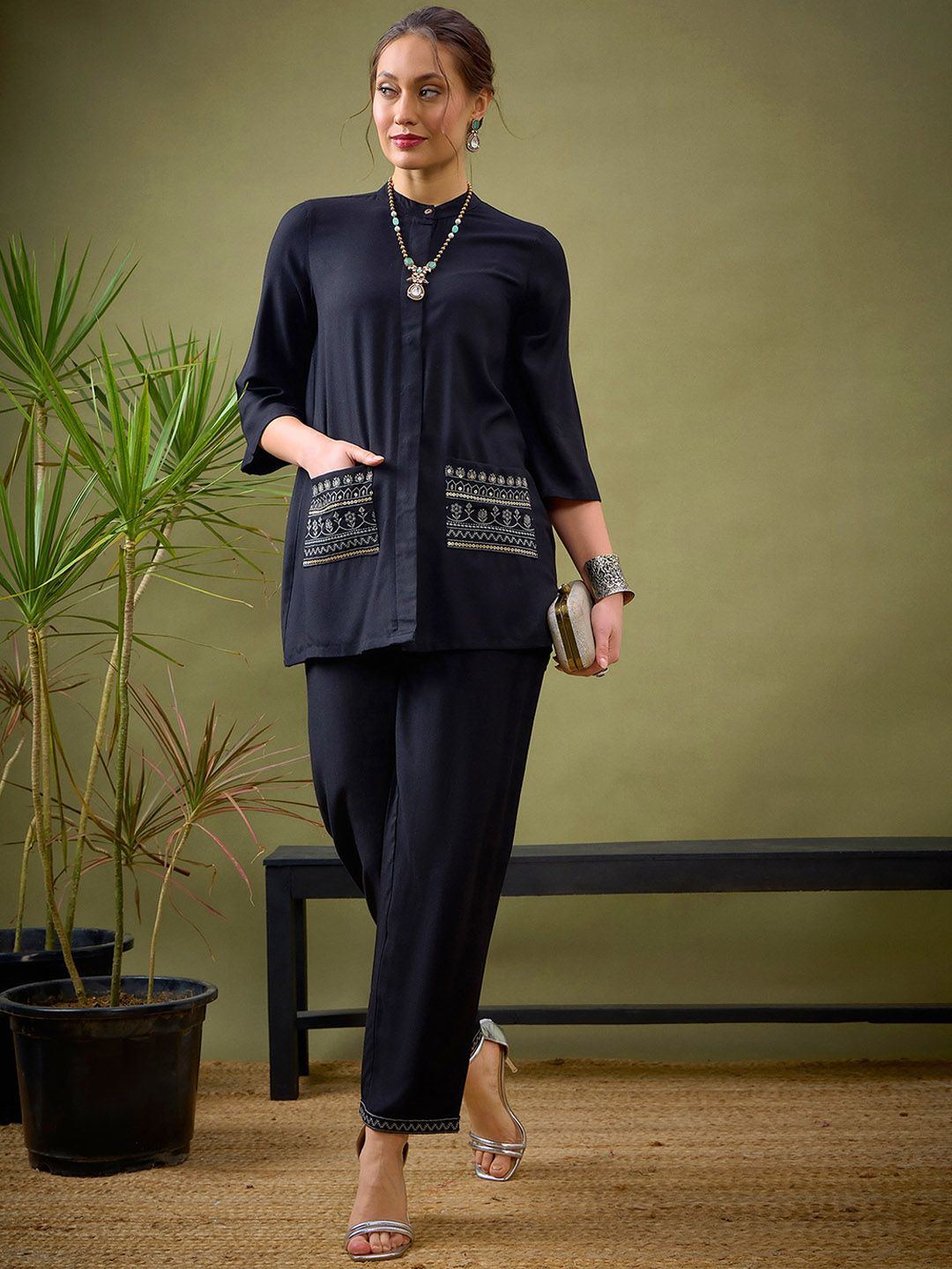 6ca33427-fb01-4c7e-abe0-1c8a0d36c79c1708677608753Co-Ords1.jpg Black Embroidered Shirt With Palazzos Co-Ords - Image 1