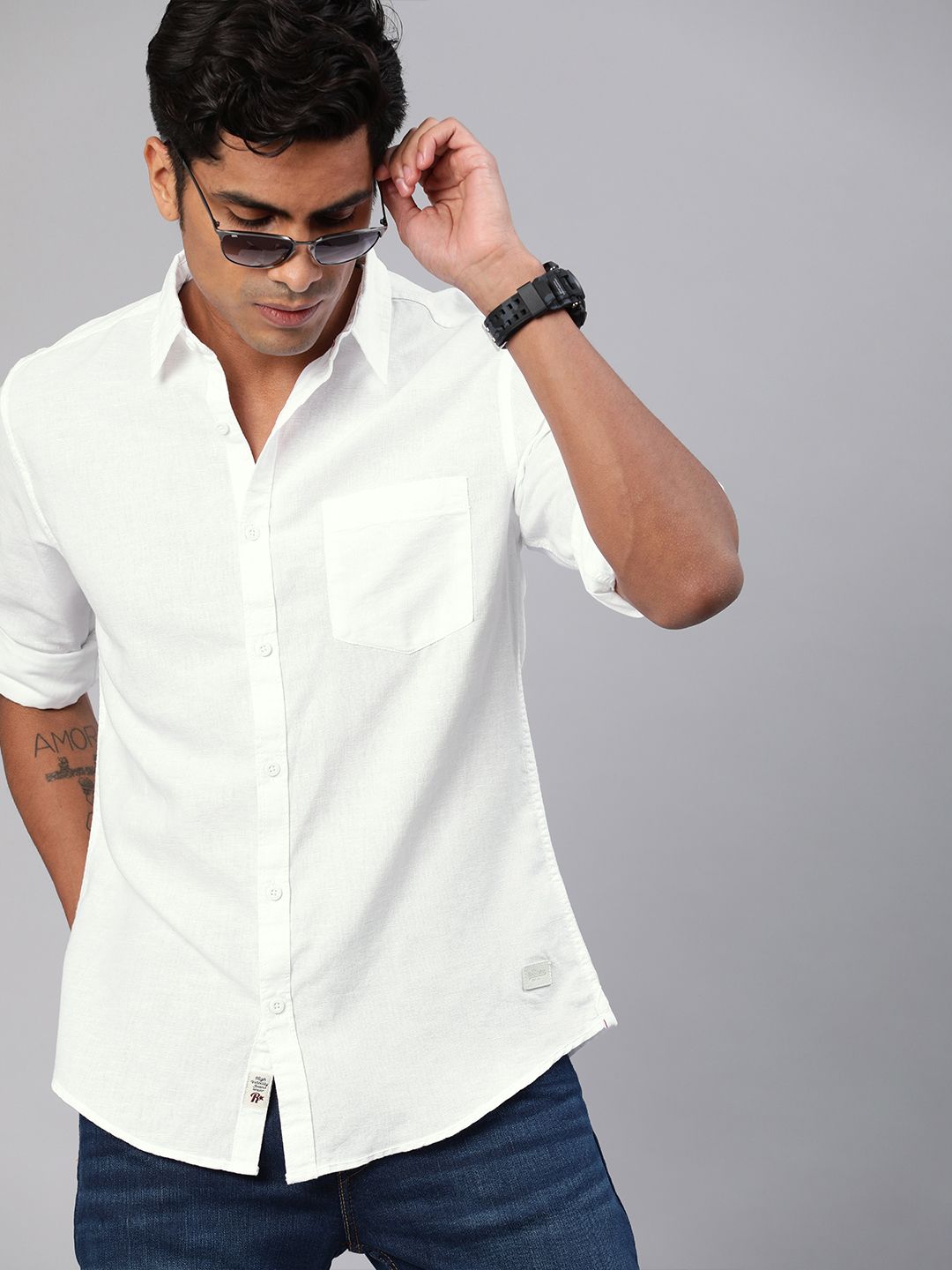 723b4d68-1c96-464a-8ba1-8148143621601594709784304-Roadster-Men-Shirts-5951594709782166-1.jpg Roadster Men White Cotton Linen Casual Shirt With Roll-Up Sleeves - Image 1