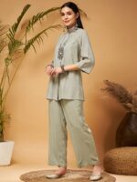 Taupe Embroidered Tunic With Palazzos - Image 4