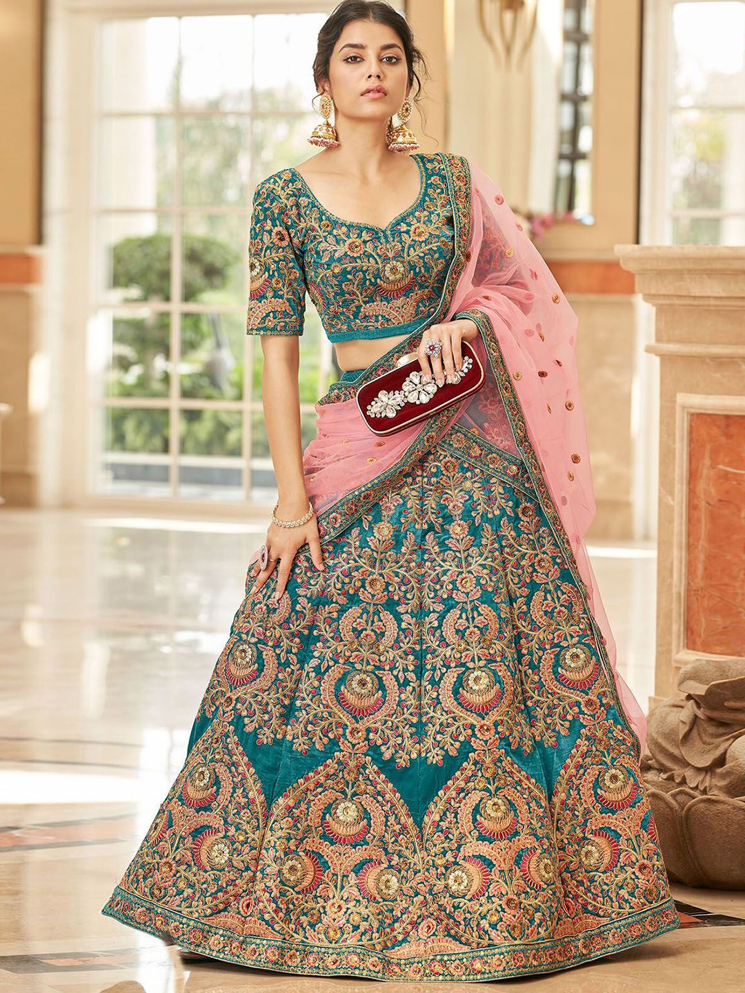 D8hgKTQC_e05d69d7354d4daeadafeaf6b47a1e78.jpg Embroidered Sequinned Velvet Semi-Stitched Lehenga & Unstitched Blouse With Dupatta - Image 1