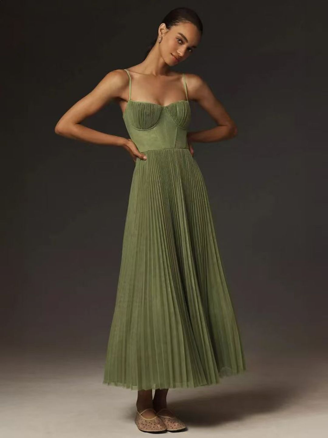 GzJKemoR_a0610856a9a645e589cfe2f09f3701c7.jpg Pleated Spaghetti Strap Bustier Fit & Flare Maxi Dress - Image 1