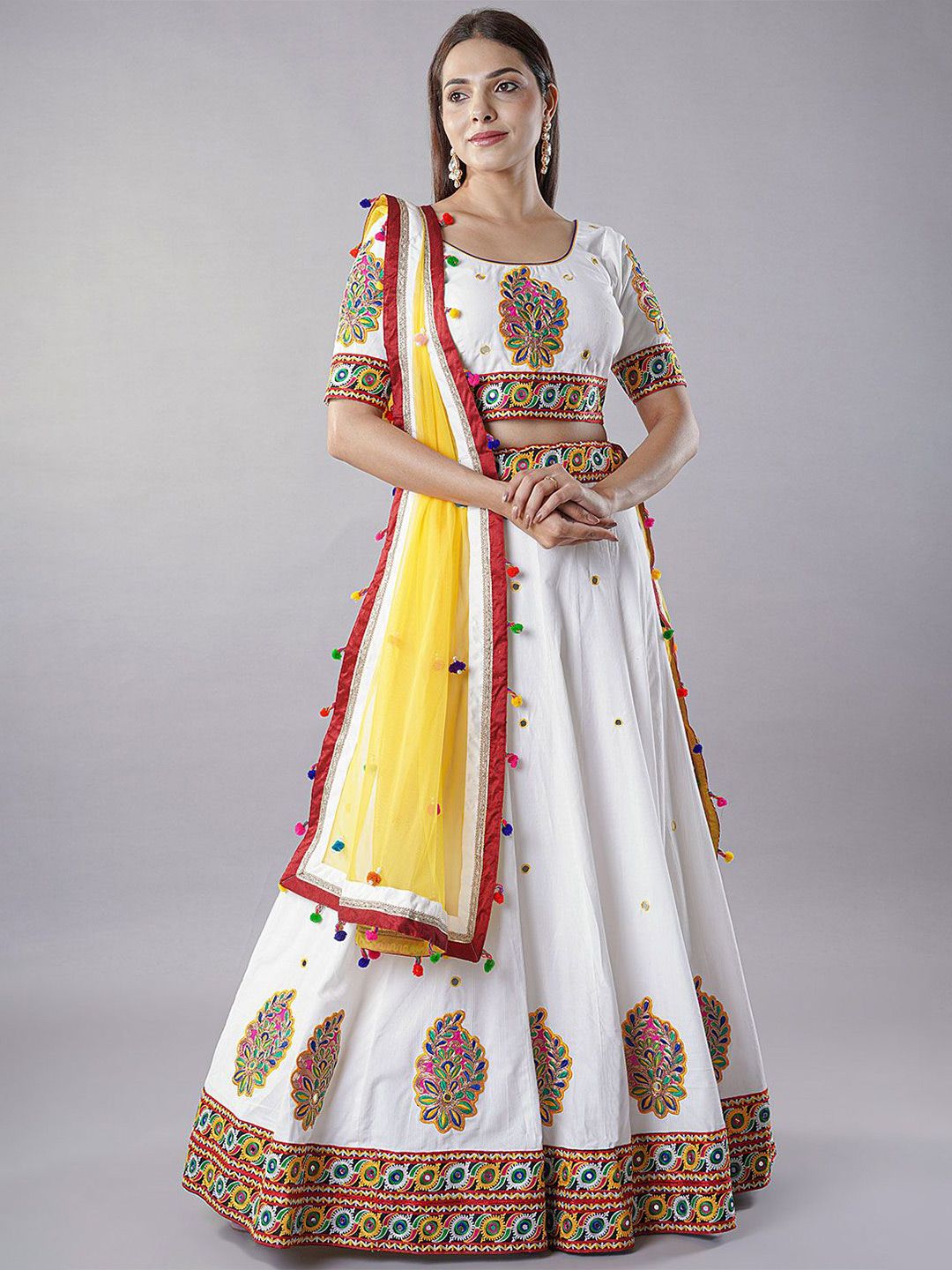 Hh3PfCh7_8c7a4abda2a5417fa92eb30d5cd4630f.jpg Embroidered Thread Work Cotton Ready To Wear Lehenga & Choli With Dupatta - Image 1