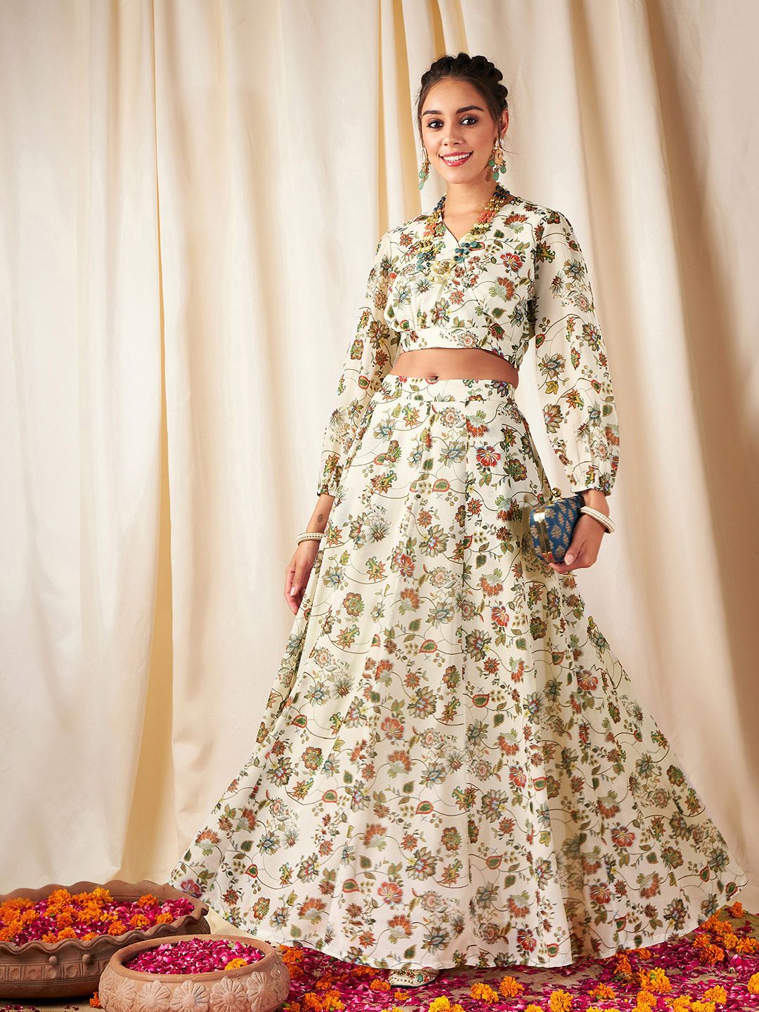 J6ALWHwT_55690f3e87564c9f9d7e29d1006df56a.jpg Printed Ready to Wear Lehenga & Choli - Image 1
