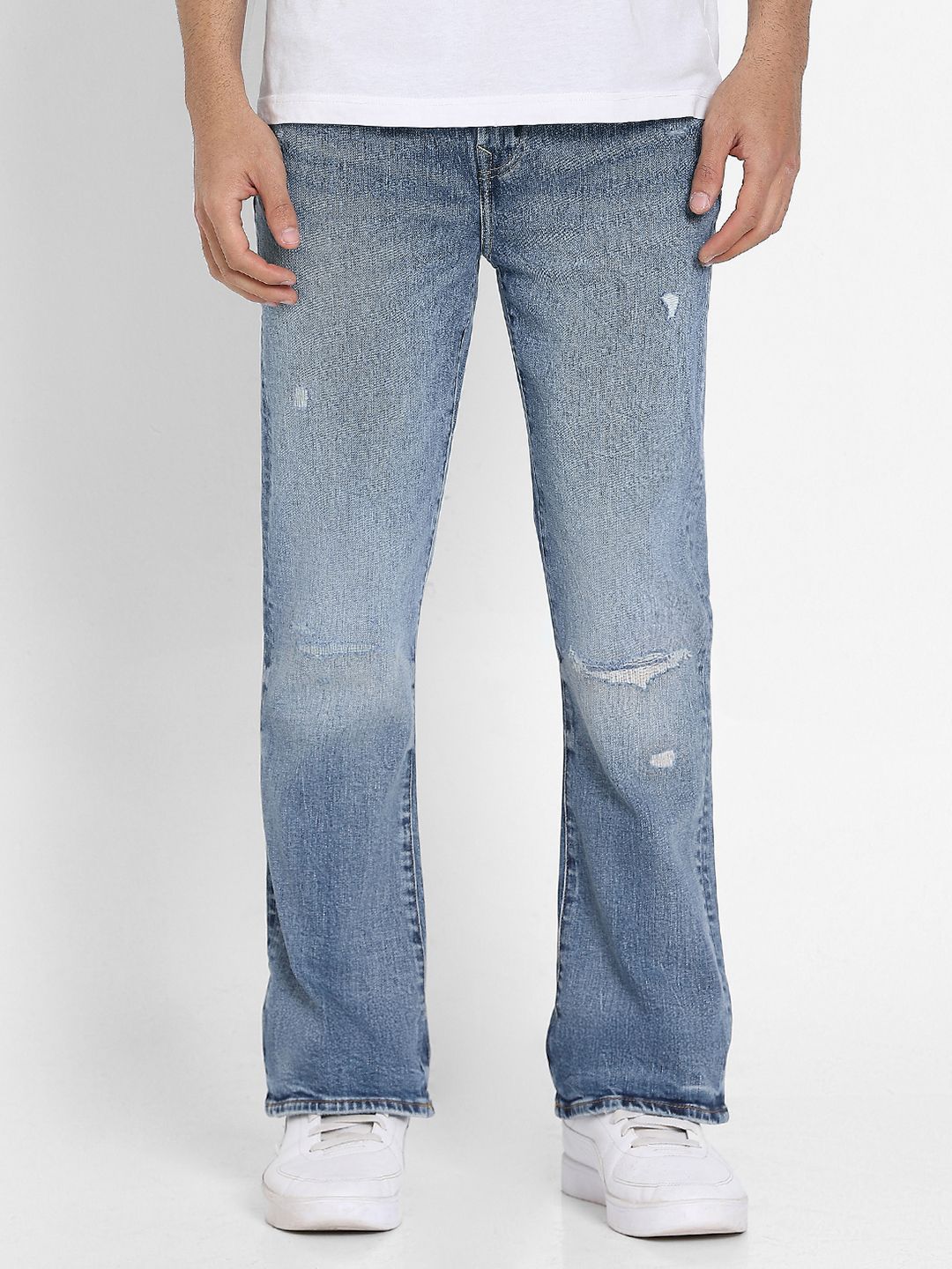 XL4DWJhk_f85c67a259ce41b9a412b8adf62ed2cd.jpg Men Bootcut Low Distress Light Fade Jeans - Image 1