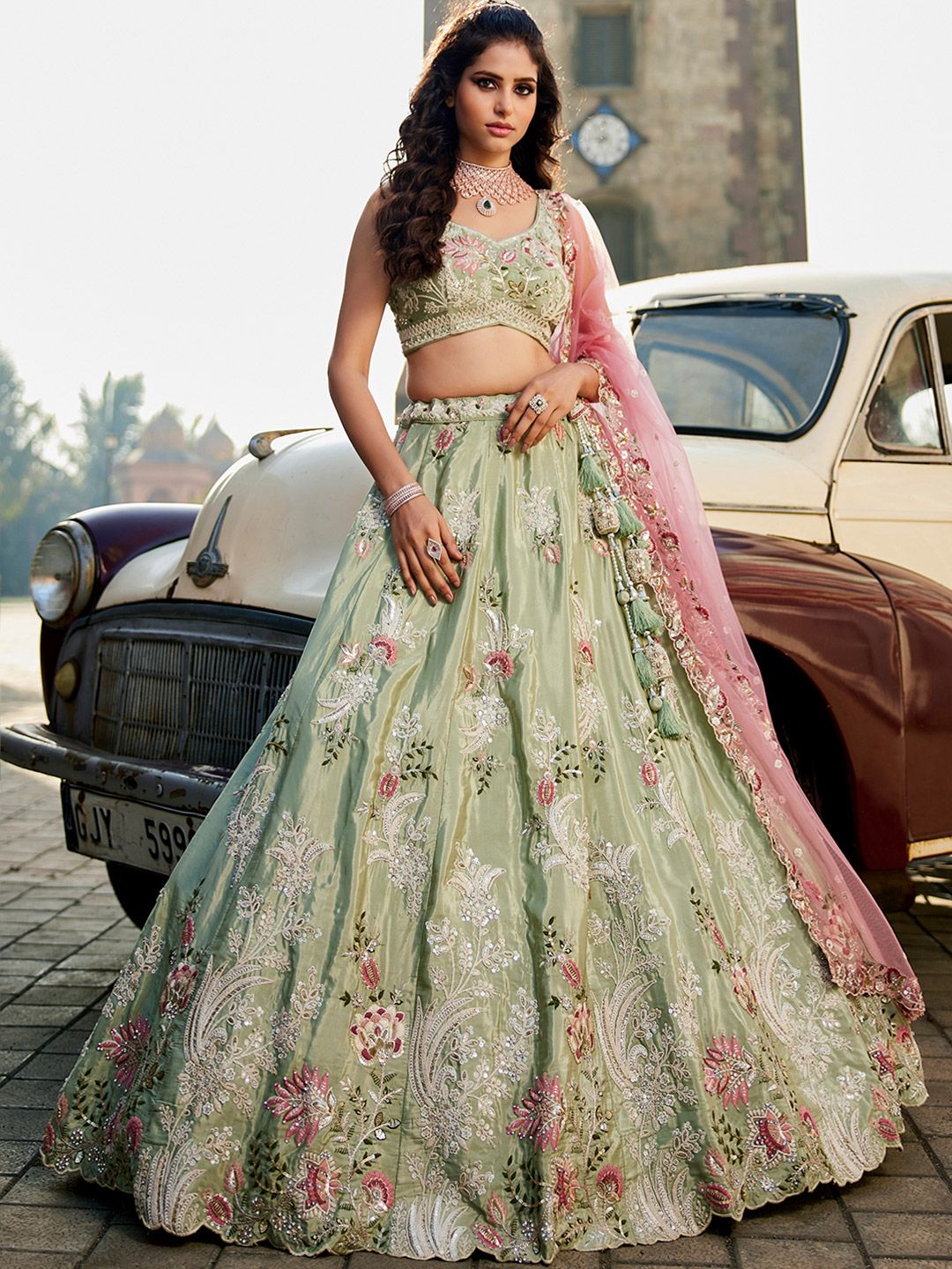 a25b051c-4704-4242-a1fe-164e5f4519961743421286774-panchhi-Embroidered-Beads-and-Stones-Semi-Stitched-Lehenga-1.jpg Embroidered Beads and Stones Semi-Stitched Lehenga & Unstitched Blouse With Dupatta - Image 1