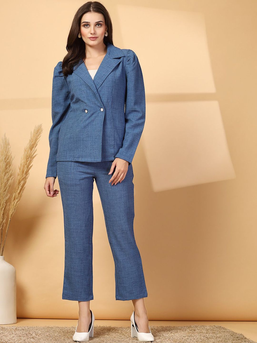 aaj8QDib_6ba9519fe5994d71a4426bf21ebb36e8.jpg Blue Lapel Collar Long Sleeves Pure Cotton Blazer With Trouser - Image 1
