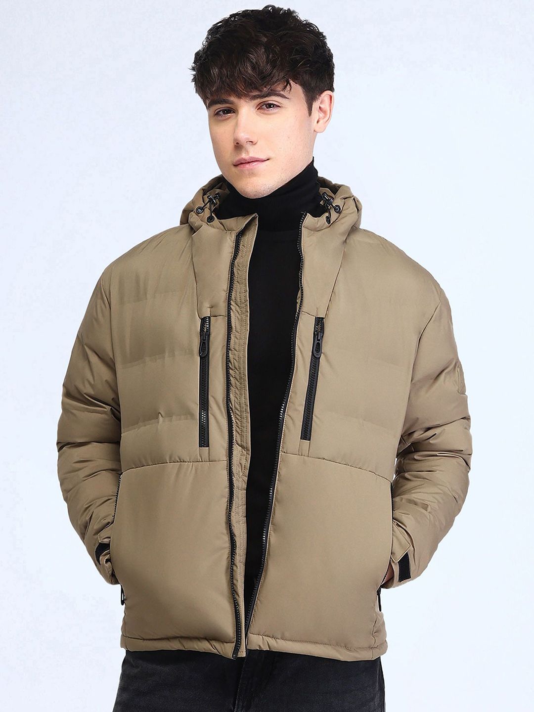 c6d27a7e-b214-4b1f-b4e1-0cce7ed4243f1736329430038FlyingMachineMenBomberJacket1.jpg Men Hooded Solid Casual Padded Jacket - Image 1