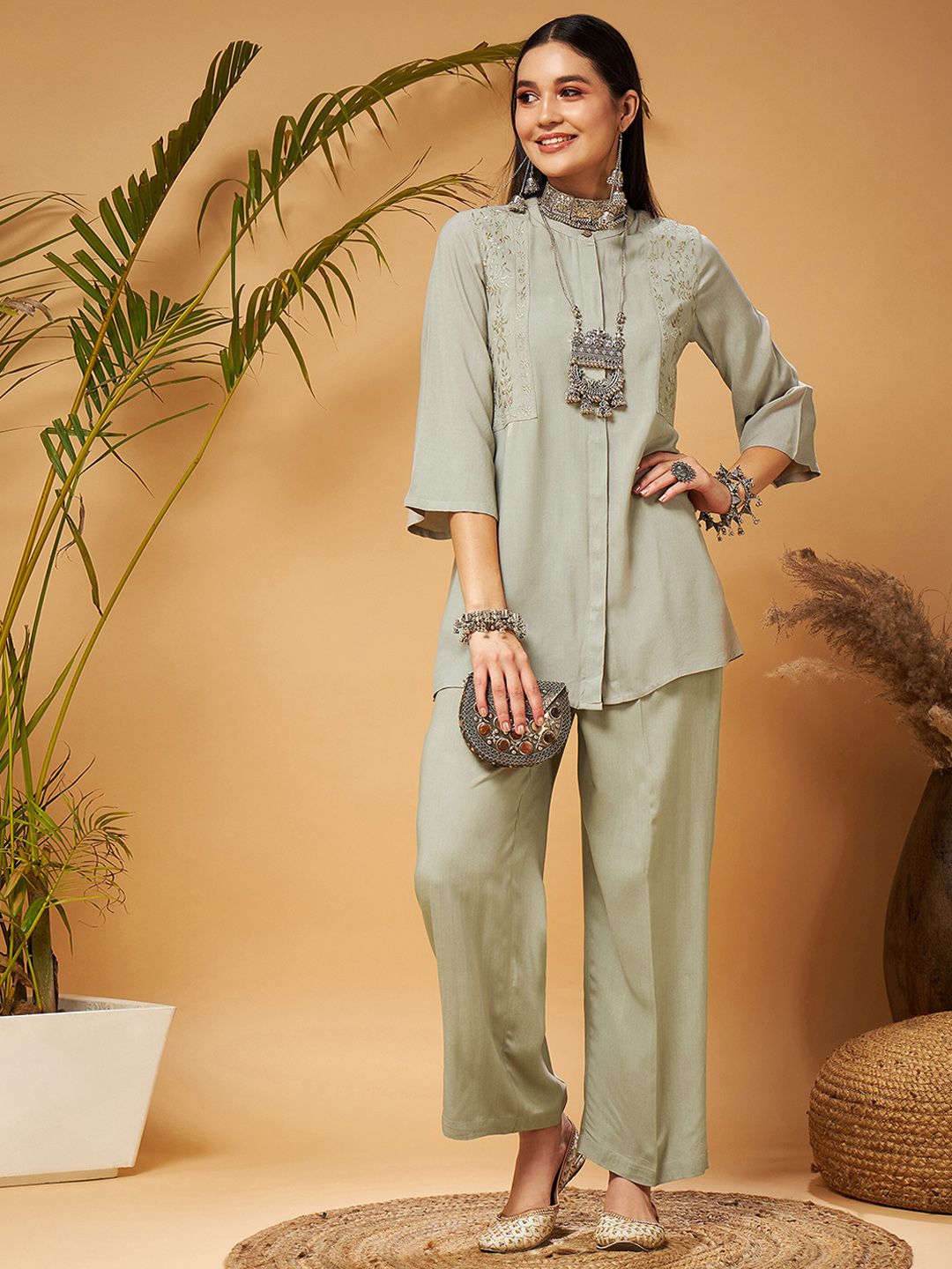 f33761d1-fe89-416d-b696-9ee7b9359ba81685984628356Co-Ords1.jpg Taupe Embroidered Tunic With Palazzos - Image 1