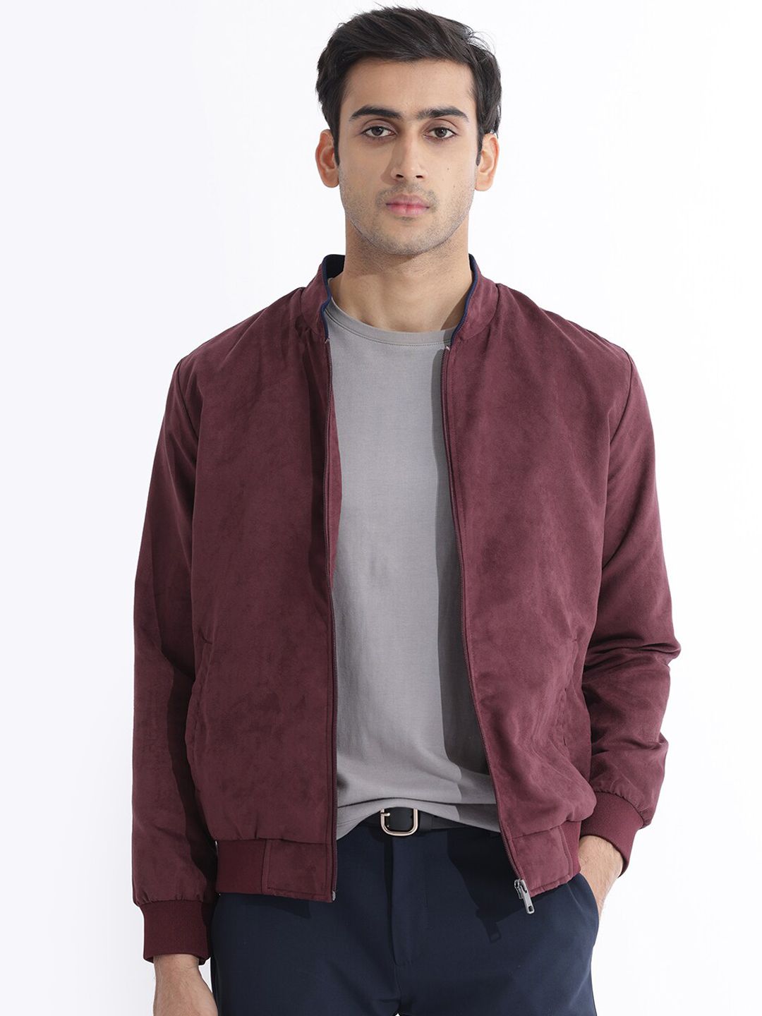 f48c729c-d920-44df-b1dc-f6a0ac0e5e4c1700218192729RARERABBITMenRedLongSleevesFashionJacket1.jpg Men Henron Regular Fit Stand Collar Bomber Jacket - Image 1