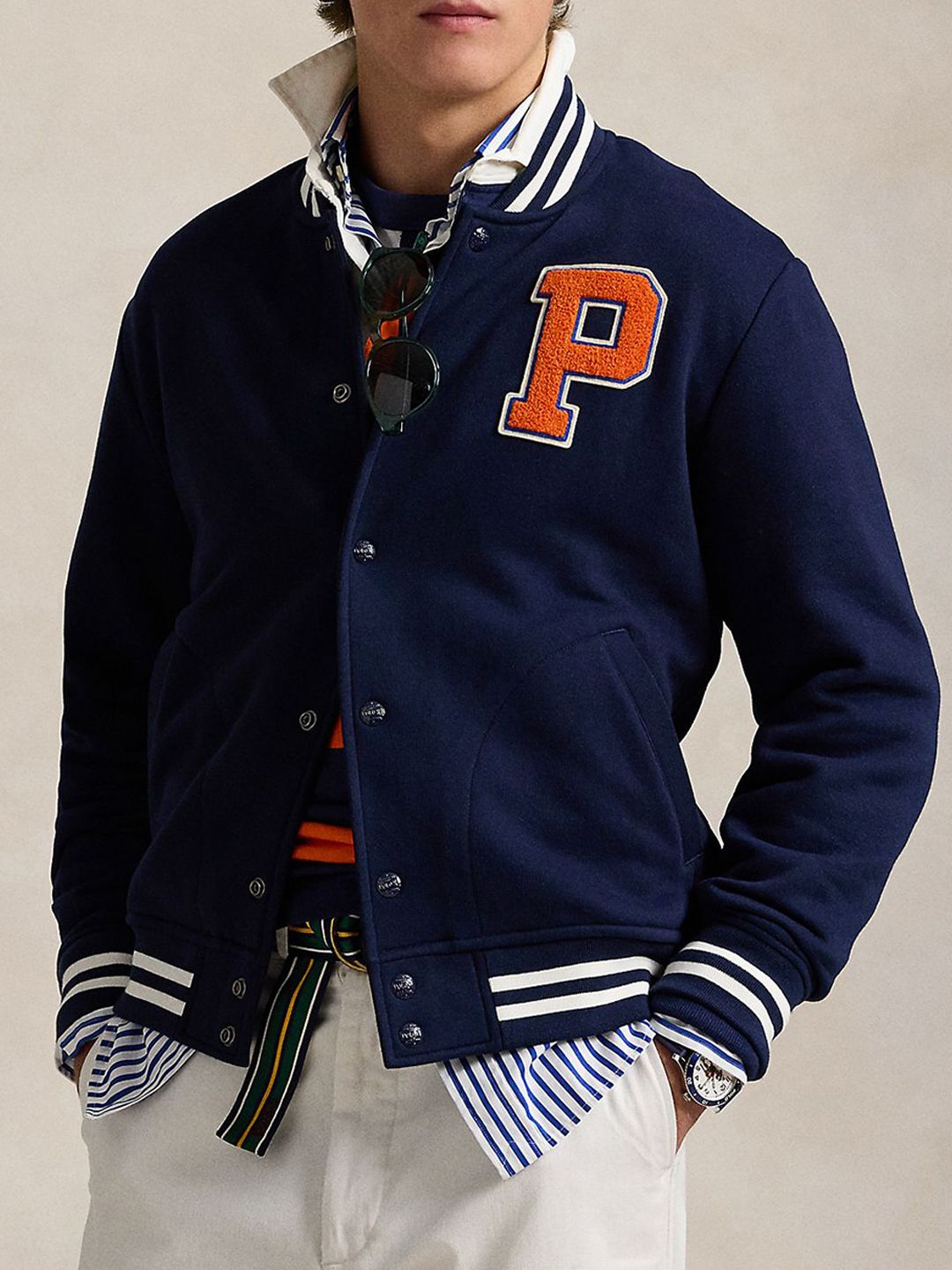 fcde8ace-c247-4968-bc20-ef7735fa47291735543473647MenNavyTheRlFleeceBaseballJacket1.jpg Men Stand Collar Typography Printed Cotton Casual Bomber Jacket - Image 1
