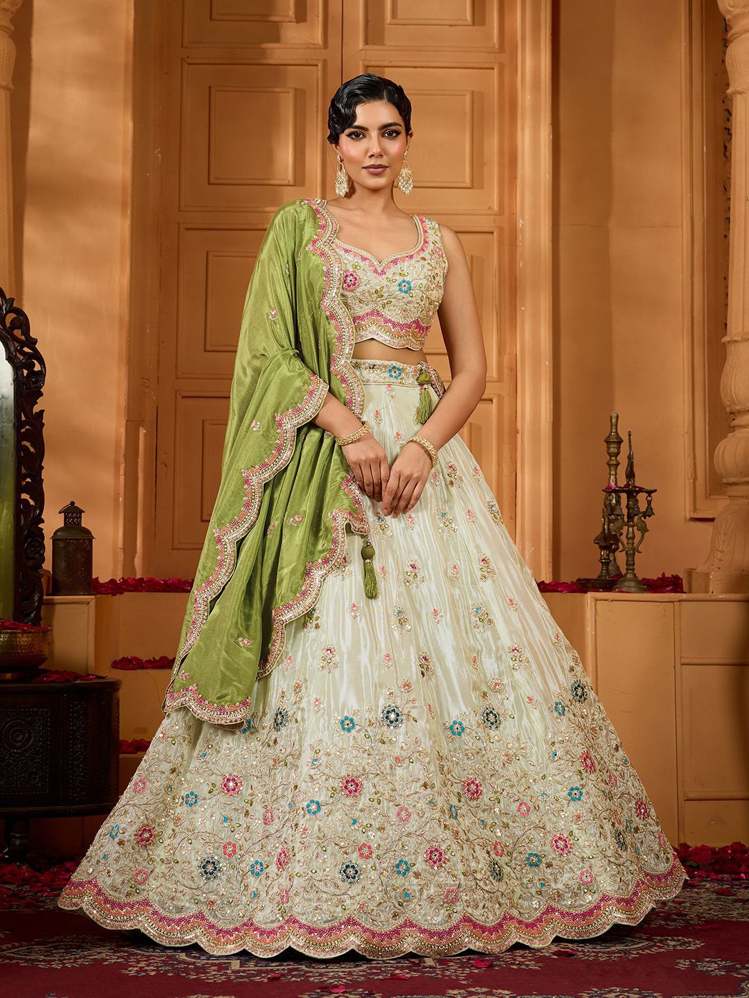 fphMyzLT_fd1b64ab5eab48328c0e63ebaa539a24.jpg Embroidered Sequinned Semi-Stitched Tissue Lehenga & Blouse With Dupatta - Image 1