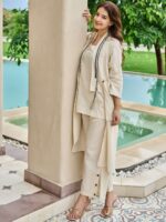 Embellished Round Neck Tunic & Trousers With Shrug Co-Ords - Image 3