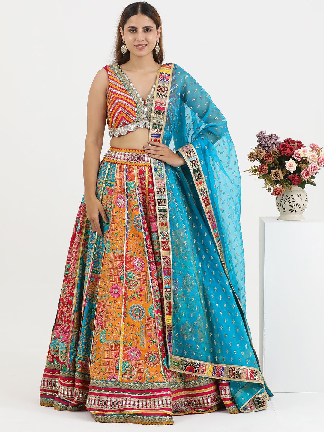 zzD6o8nF_2ceb2d5a76f44f2891ddb769eeab1b00.jpg Floral Printed Gotta Patti Ready to Wear Lehenga & Blouse With Dupatta - Image 1