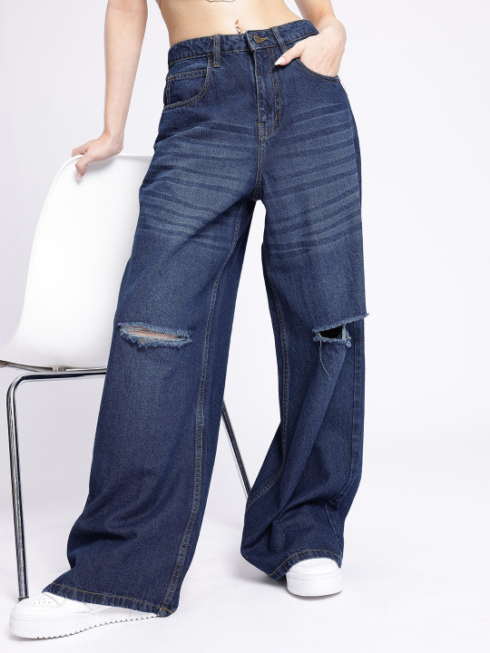 j#17 Women Wide Leg Slash Knee Light Fade Jeans - Image 1
